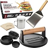 Gamalouยฎ Smash Burger Press Kit: 7โ Cast Iron Flat Press, 3-in-1 Hamburger Maker, 6x5โ Spatula, Dredge Shaker & 100 Patty Papers for BBQ, Blackstone Griddle, Flat Top, Grill & Frying Pan (Essential)