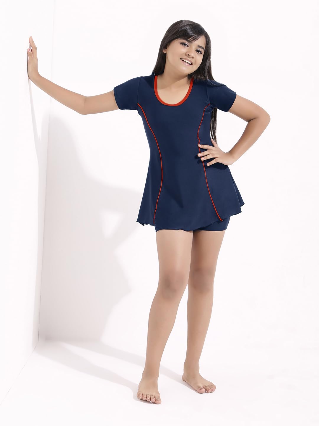 LYCOT Nylon A-Line Half Sleeves and Hot Short Pattern Swimwear for Girl's - Navy 2
