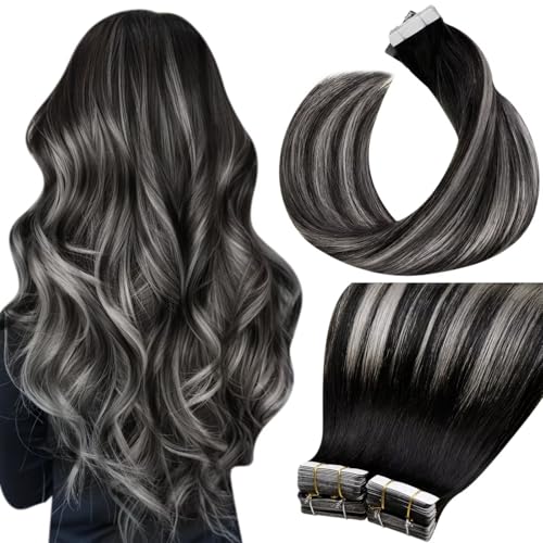 Image of LaaVoo Tape in Extensions Human Hair Tape ins Human Hair Extensions Human Hair Black Silver Ombre Tapes in Hair Extension Full Head Silky Soft 40 Pieces 24 Inch 100g