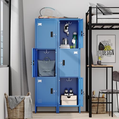Image of Aobabo 16 inch W 3 Door Metal Storage Locker with Lock, 66 inch H Steel Locker with Name Card Holder and Metal Leg for School, Home, Office, Playroom, Assembly Required, Blue