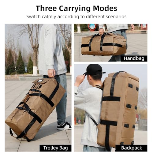 Rolling Duffel Torba z kółkami, składana torba do zwiedzania, duża podróż podróżna, ciężka służba, z paskami na ramię, używaj jako wózka torebki bagażowej lub plecak, mężczyźni (Khaki)