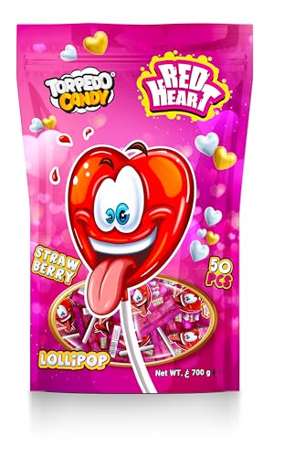 Torpedo Candy Red Heart Lollipop - Pack of 50 Pcs 14g Each Kids Friendly Flavorful Sweet Treat for School Lunchboxes & Party Favors
