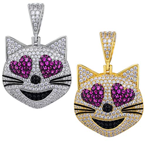 HarlemBling Solid 925 Sterling Silver - Natural Or 14k Gold Finish - Cat Smiley W. Heart Eyes Emoji - 1