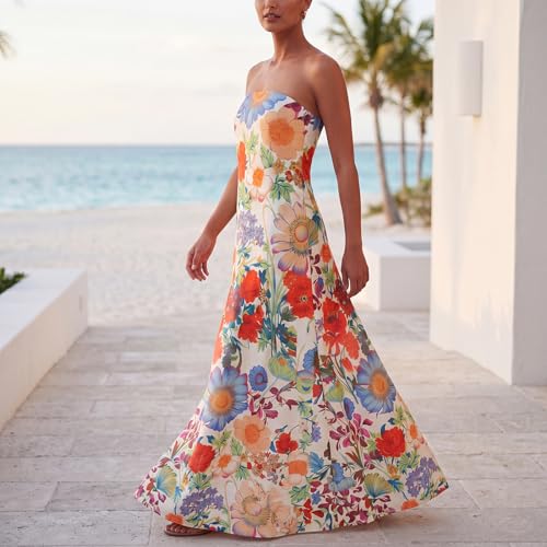 Image of Zwirelz Women Strapless Maxi Dress Boho Floral Print Flowy Long Tube Dress Off Shoulder Loose Beach Sundress