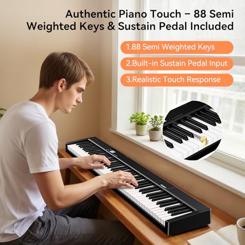Image of Portable Piano Keyboard 88 key: Upgraded Foldable Piano Keyboard 88 Key Full Size Semi Weighted Keyboard Support MIDI Bluetooth Foldable Keyboard Piano with Sustain Pedal Piano Bag Gift for Beginner