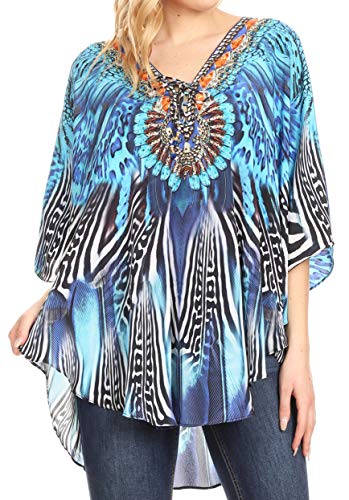Sakkas P22 - Balloon Top Tallulah Wide Circle Blouse Poncho Top with Tie Neck Enclosure with Bead - ZB55-Blue - OS