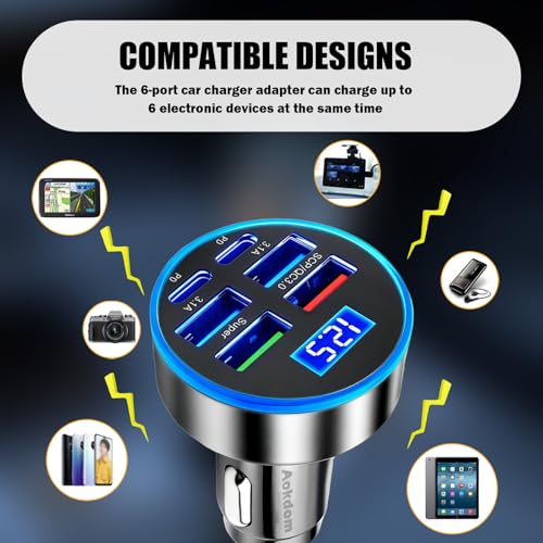 Image of 6 Ports Fast Car Charger with Voltage Monitor,Car Cigarette Lighter USB Charger (PD+QC3.0) Compatible with iphone13 /14 /15 & Most Android Models,Car Must Haves USB C Car Charger (1PCS)
