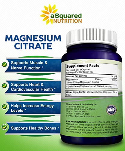 Magnesium Citrate 833Mg Supplement - 200 Capsules - Max Strength Vegan Mag Citrate Powder Pills To Support Pure Function Of Muscles, Heart & Bones - Helps Increase Energy #TOP3