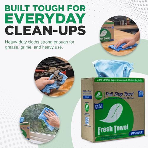 Image of Fresh Towel Pop-Up Shop Towels - Medium Duty Blue Disposable Cleaning Cloths, 9 inch x 16.5 inch - 1 Box of 160 Soft, Absorbent Wipes for Garage, Janitorial, Home & Auto - Made in the USA