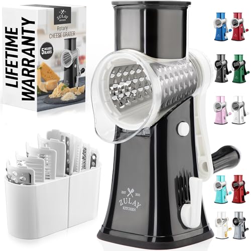 Image of Zulay Kitchen Rotary Cheese Grater 5 Blade Cheese Shredder - Manual Hand Crank Cheese Grater With Reinforced Suction & 5 Interchangeable Drums - Easy to Use, Vegetable Chopper Round Mandoline Slicer