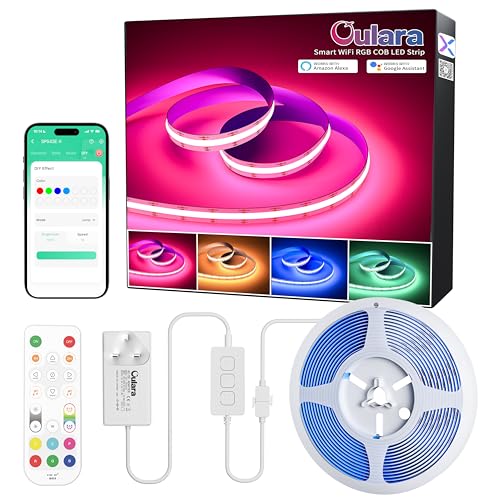 OULARA RGB COB LED Strip 10M Colour Changing Flexible LED Strip Lights Dimmable Multicolours RGB Lights with APP Control/Music Mode Work with Alexa/Google for Kitchen Party Home DIY Lighting Projects