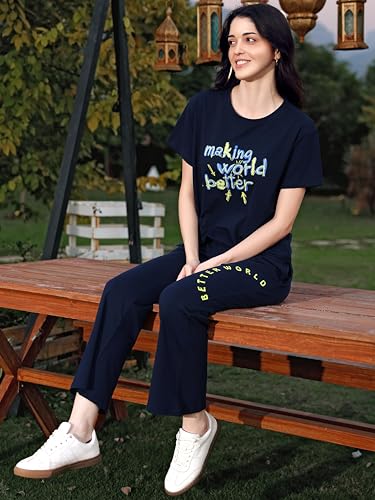 Image of ZEYO Night Suit for Womens Typography Printed Cotton Night Dress of Top and Wide Bottom Pyjama