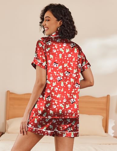 Image of Ekouaer Silk Pajamas for Women Short Sleeve Sleepwear Soft Button Down Loungewear 2 Piece Satin Pjs Shorts Set