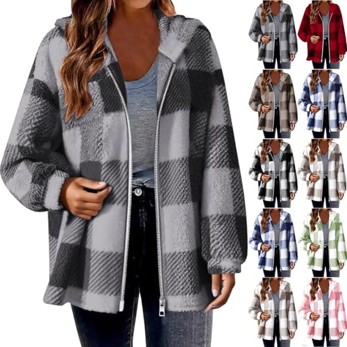 Sherpa Jacket Women Full Zip Up Hoodie Fuzzy Fleece Jacket Fall Winter Faux Fur Coat Plaid Shacket Checkered Outerwear