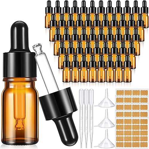 Uiifan Paquete de 100 botellas cuentagotas de vidrio ámbar de 5 ml con 5 pipetas de plástico de 3 ml de largo, 5 embudos, 5 hojas de etiquetas, botellas vacías de tintura con cuentagotas para aceites