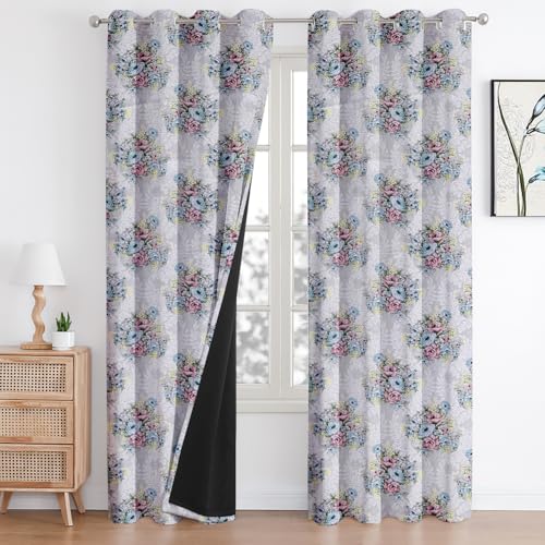 Image of Cloth Fusion Printed 100% Blackout Door Curtains 9 Feet Long Set of 2, Room Darkening Parda with Stainless Steel Grommets for Home Decor (9x4.5 Feet, Ivory Bouquet)