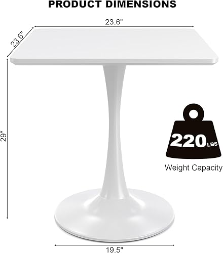 Miniatura 2 de Mesa cuadrada blanca de tulipanes para 2 personas, mesa de comedor pequeña de 24 pulgadas con base de pedestal de metal para cocina, mesa moderna de