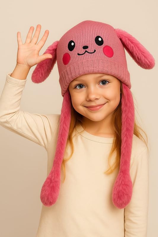 Krystle Adorable Moving Ears Hat β Soft Plush Cartoon Animal Cap for Kids & Adults, Warm Winter Bunny Earflap Beanie (Pink,5-12 Years)