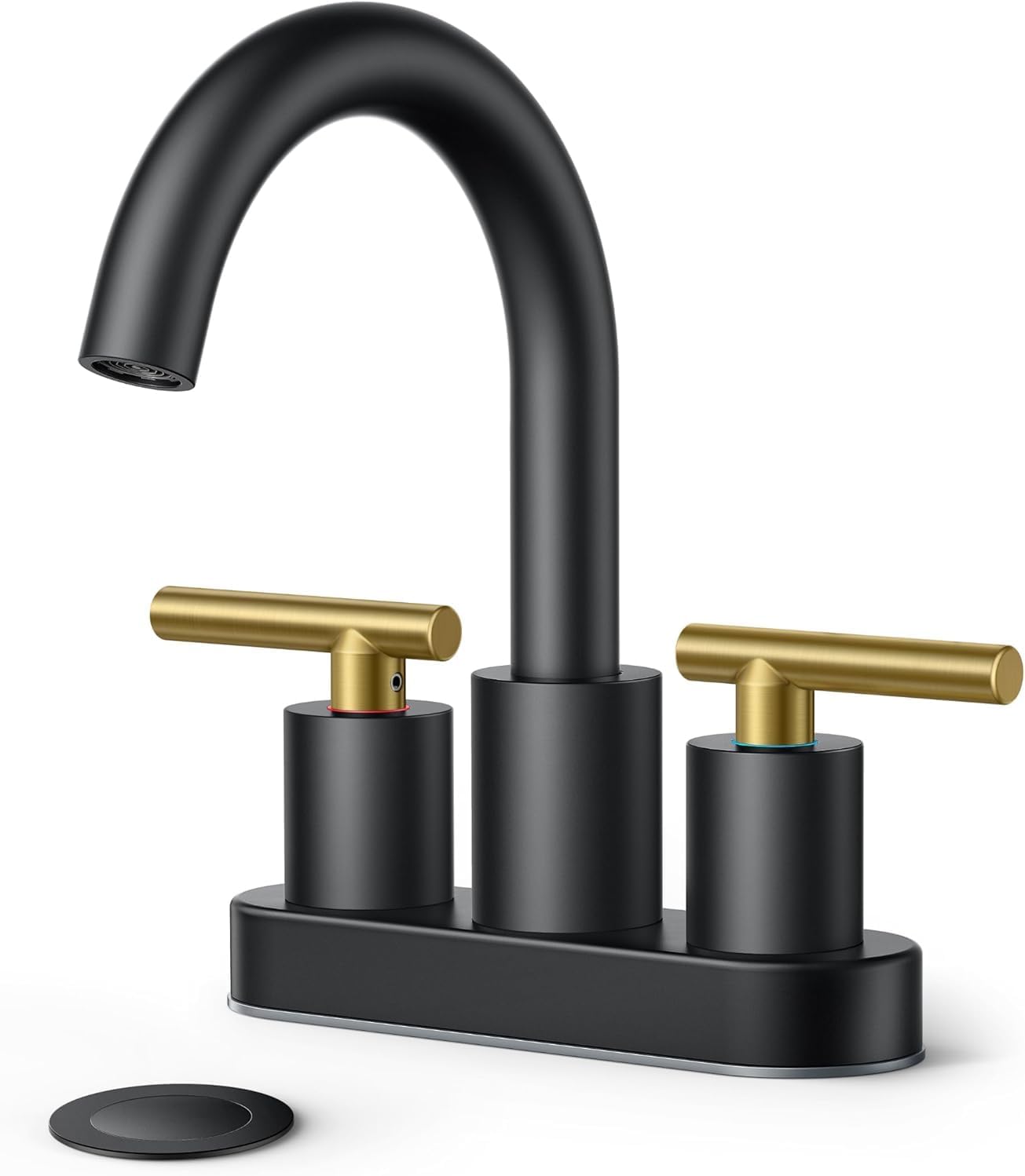 FORIOUS 4 in Black and Gold Bathroom Faucet Centerset, 2 Handle Matte Black Swivel Faucet for Bathroom Sink 2 or 3 Hole with Pop Up Dain Assembly and cUPC Supply Hose, Suitable for Vanity RV Restroom