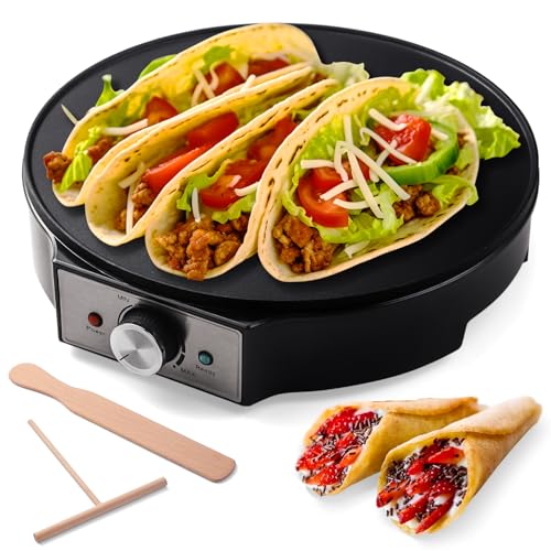 UVFAST - Máquina de crepe eléctrica de 12 pulgadas y plancha, sartén antiadherente con esparcidor para Roti, omelette, Blintzes, Panqueques, temperatura ajustable, 1000 W