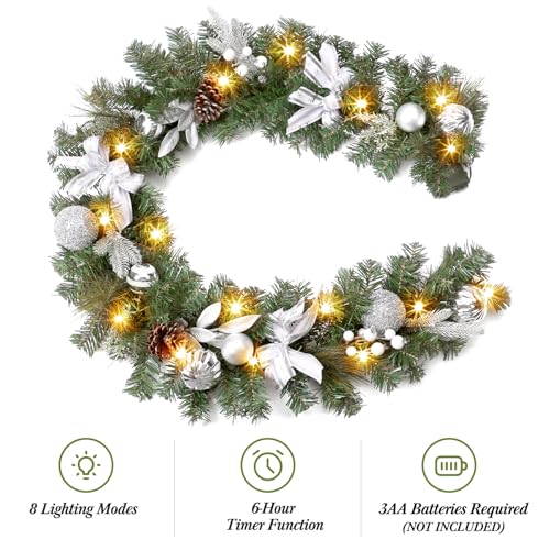 Silver 6 Ft Prelit Christmas Garland with Battery Operated Lights, Waterproof, Suitable for Mantle, Door, Stairs Railing & Table