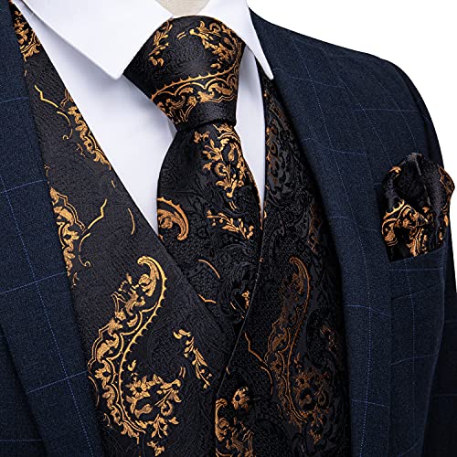 Image of DiBanGu Mens Paisley Vest Silk Sleeveless Suit Vest and Neck Tie Pocket Square Cufflinks Set for Wedding Formal
