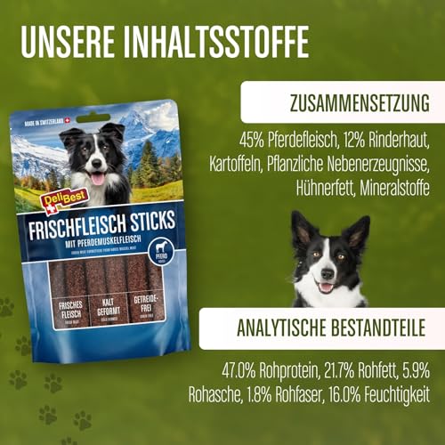 DeliBest Premium Pferdefleisch Sticks I Hundeleckerli mit wertvollen Inhaltsstoffen ist leicht verdaulich I kalt geformt - sehr schmackhafter Hunde Snack aus frischem Fleisch