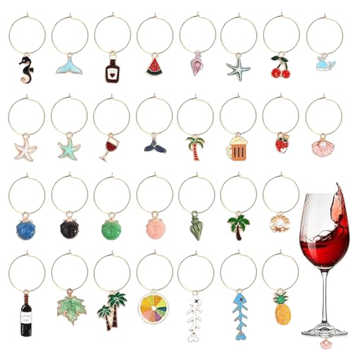 30 colgantes de copa de vino, anillos para copas de vino, etiquetas de cristal, marcadores de bebidas, marcador de cristal, decoración de fiesta para fiestas, copas de vino, vino, Cloruro de