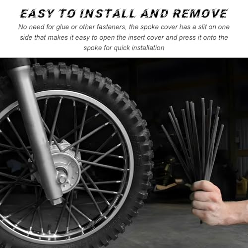 Image of 72PCS Dirt Bike Spoke Covers, Motorcycle Spoke Skins Wheel Wraps Pipe for 8 inch-21 inch Rims, Dustproof Wheelchair Rim Decoration Protector Pipe Trim for Bicycle Dirt Pit Bike (Black)