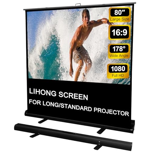 LIHONG Screen 80 inch 16:9 Manual Floor Rising Pull Up Projector Screen Portable Indoor & Outdoor 4K HD Matte White for Long Standard Projection Fast Setup for Home Theater Movies,Classroom,Office