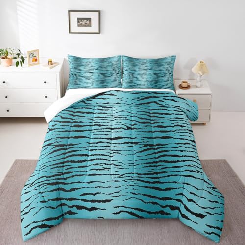 Image of Feelyou Kids Safari Zebra Stripes Comforter Set, Turquoise and Black Comforter for Toddler Boys Girls Wildlife Bedding Set Toddler Size Safari Animal Fur Duvet Set Microfiber Bed Set