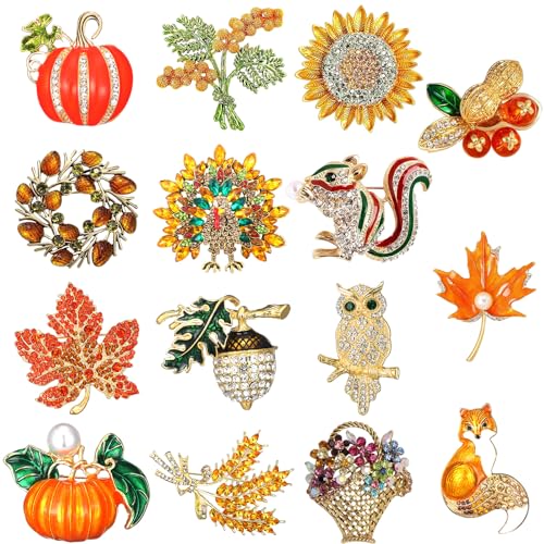 Janinka 15 Pcs Thanksgiving Brooches for Women Thanksgiving Pins for Backpack Turkey Maple Leaf Brooches Rhinestone Fall Pumpkin Pins for Clothes Jewelry Hat Jacket Decoration