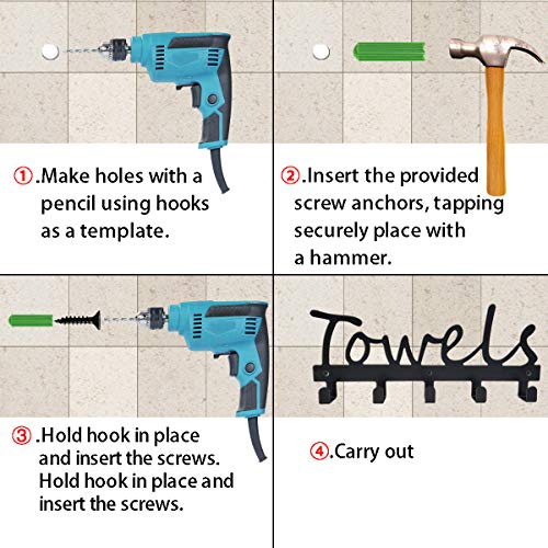 Towel Racks 5 Hooks Black Sandblasted Robe Hooks Wall Mount Towel Holder Black Metal Towel Racks Rustproof and Waterproof for Kitchen Storage Organizer Rack, Bathroom Towels, Robes, Clothing