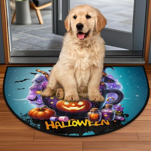Image of Half Round Door Mat Halloween Potion Goblin Pumpkin Non-Slip Semi Circle Area Rug Washable Half Moon Hearth Rugs for Indoor Outdoor Bathroom Kitchen Patio Runner Mat Laundry Room Home Decoration