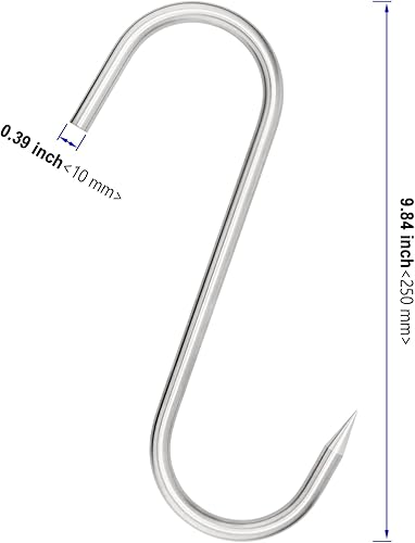Miniatura 2 de Paquete de 8 ganchos de carne en forma de S de 10 pulgadas, gancho de carnicero de acero inoxidable de 0.394 in de grosor, ganchos de salchicha para
