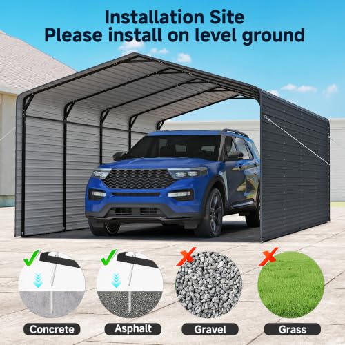 Image of Real Relax 12x20 FT Metal Carport with Side Panels & PE Sidewalls, Gray | Heavy Duty, Reinforced Bars, 2 Zipper Doors, Steel Wire Rope, Enclosed Car Ports for Cars and Boats, Tools