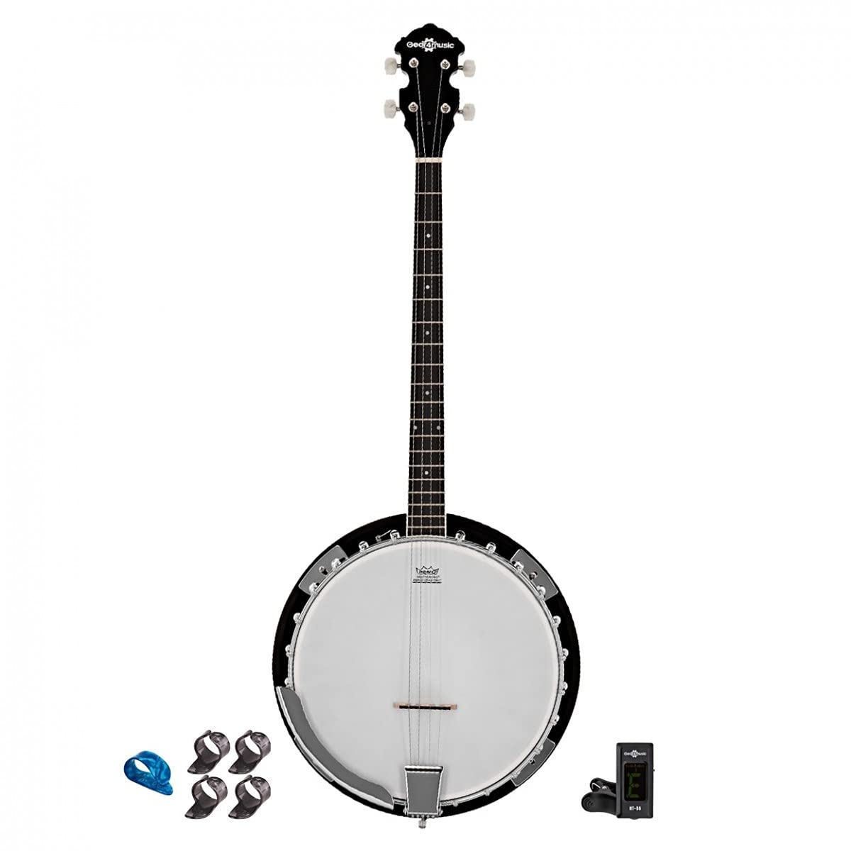 Banjo von Gear4music Tenor 4 String mit Finger Plektren und Stimmgerät