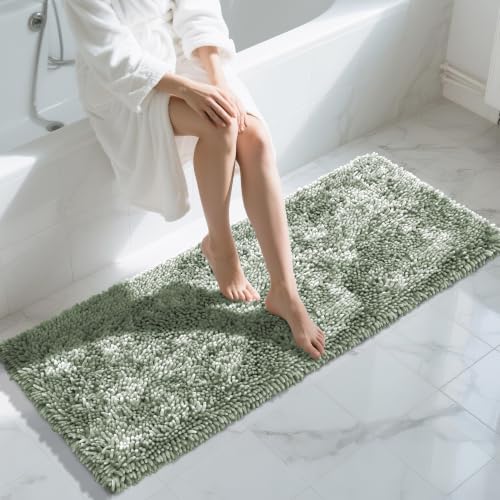 Image of Yimobra Long Bathroom Rugs Runner 60x24 Inch, Extra Thick Soft Absorbent Chenille Bath Mat, Non Slip Machine Washable, Quick Dry Bath Rugs for Bathroom Floor, Tub and Shower, Sage Green