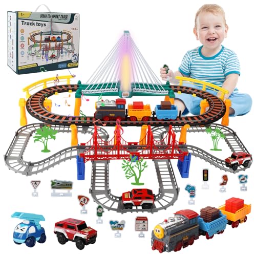 JOTOL Juego de Tren para Niños,141 Piezas Tren Juguete Electricos con Rieles y Vías para Automóviles,Luces y Sonidos,Juguetes de Pista para Coches,Circuito Coches Navideños Regalos 3 4 5 6 7 8 Años