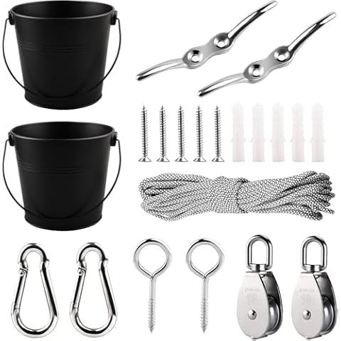 FUQUN Treehouse Accessories for Kids, Pulley with Bucket Cable, Kids Playhouse Accessories, Pulleys for Kids, Pirate Ship Accessories Outdoor, Playhouse Game, Bucket for Treehouse(2Sets, Black) Cover