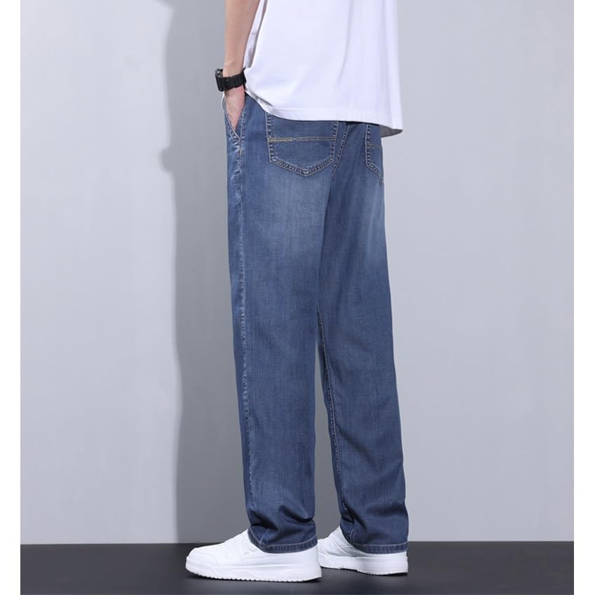 Tian Si Thin Denim Pants Loose Straight Casual Mid High Waisted Denim Pants(32) Blue3