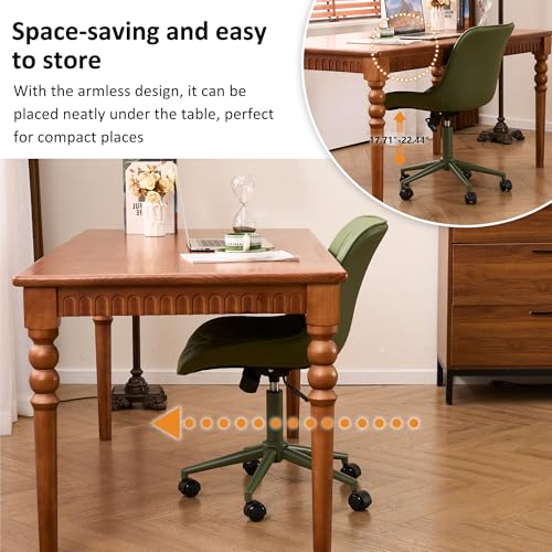 Image of YOUNIKE Faux Leather Office Desk Chair Comfy Vanity Chair Armless Green | Ergonomic Upholstered Rocking Back, Swivel with Wheels, Height Adjustable, Modern Task Chair For Computer Sewing Drafting