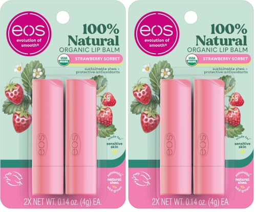 Image of eos 100% Natural & Organic Lip Balm Sticks - Strawberry Sorbet, All-Day Moisture for Sensitive Skin, Dermatologist Recommended, 0.14 oz, 4-Pack