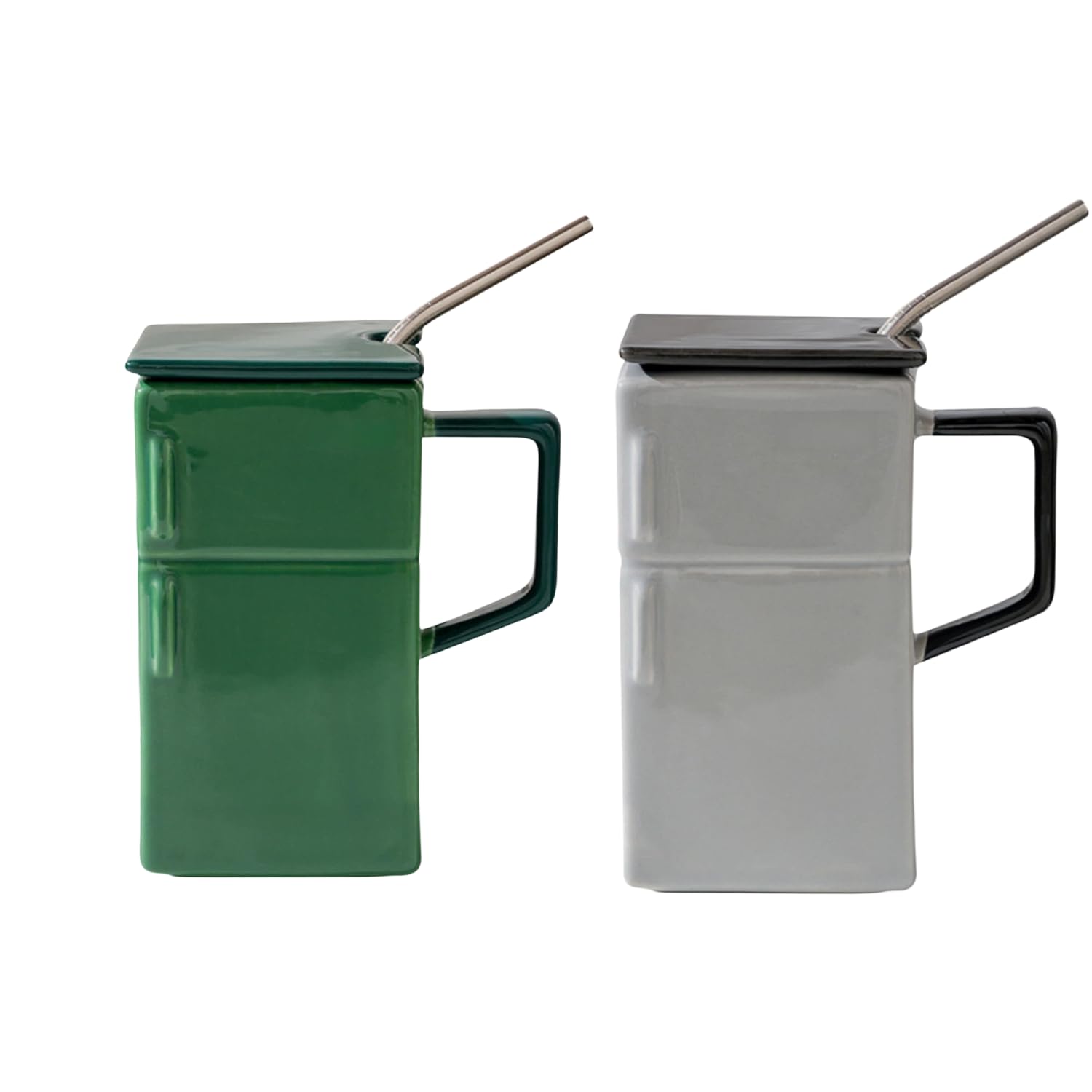 Kühlschrank Becher Keramik - Retro mit Deckel und Strohhalm (Grün + Silber)