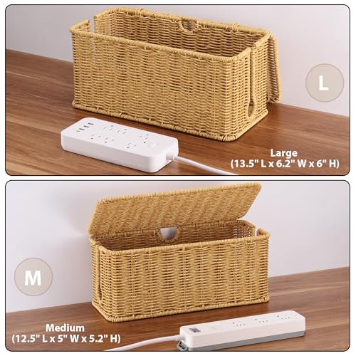 Image of 2Pack Large Cable Management Box, Handwoven Imitation Rattan Cord Organizer | Handwoven imitation rattan cord hider box conceals power strips and cables for a clean desk or floor setup