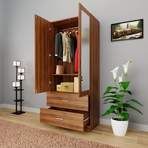 Image of VIKI Wardrobe | Wooden Almirah for Clothes,Door for Bedroom, 2 Door Wardrobe with Drawer, Mirror & Hanging Space (Brussel Walnut - 40D x 80W x 180H) | 1 Year Warranty | Free Assembly