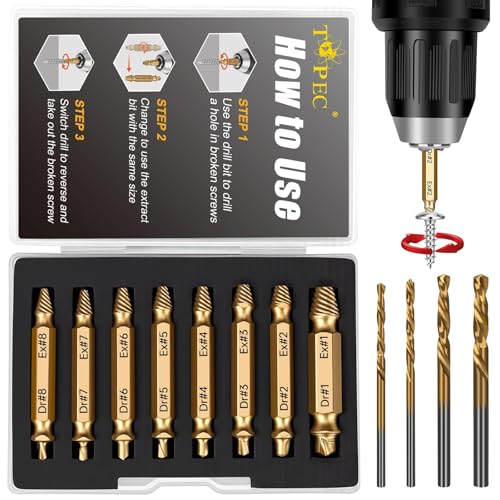Topec 12 PCS Stripped Screw Extractor Set, Gift for Men, Easy Out Screw Extractor Set and Drill Bits...