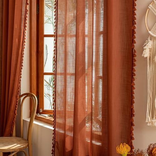 Image of MYSKY HOME Semi Sheer Short Macrame Curtains for Window Treatment,Bohemian Country Home Decor Light Filtering Privacy Protect Back Tab Drapes,50 inch Wx63 inch L, Terracotta, 2 Pieces