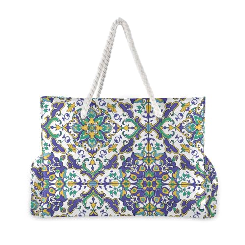 Turquoise Boho Unique Design Portable Tote Bags Women with side pocketes Large Bag for beach&school&work2