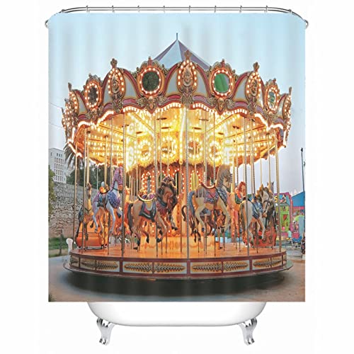 Yellow Shower Curtain Sets for Men, Polyester Fabric Shower Curtain Liner Carousel Shower Curtain Waterproof 71X79 Shower Curtain